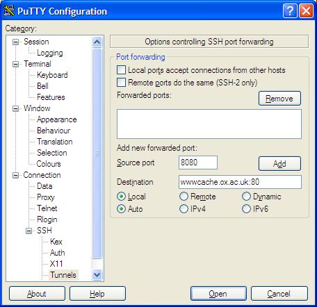 PuTTY port forwarding options