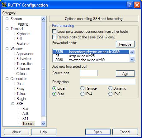 PuTTY port forwarding section