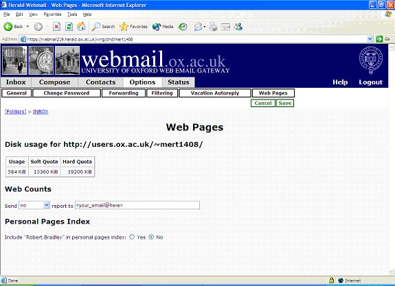 Webspace options in Webmail